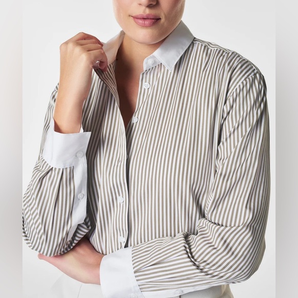 Spanx Poplin Oversized Button Down in Matcha Stripe - Picture 3 of 8